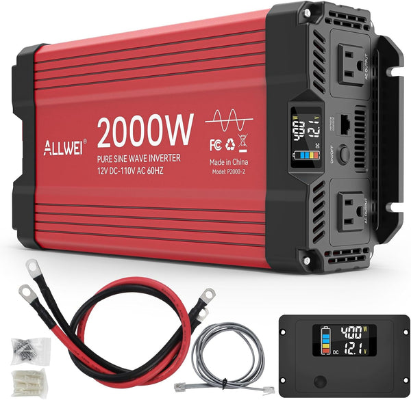 2000W Pure Sine Wave Inverter - 12V DC to 110V AC Power Converter